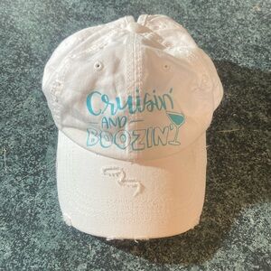 Cruisin’ and Boozin’ with drink -distressed white ponytail baseball cap
